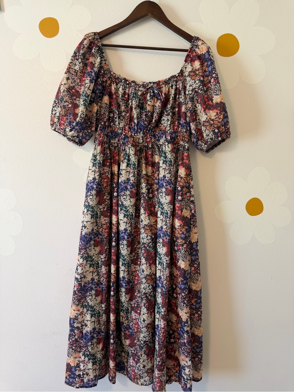 EUC Baltic Born Eden Dress Multi-Color Floral Puff Sleeve Square Neck Midi Dress - Picture 6 of 14